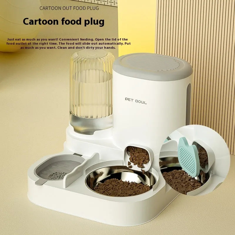 Automatic cat food and water fountain with integrated double stainless steel bowls in avocado green.
