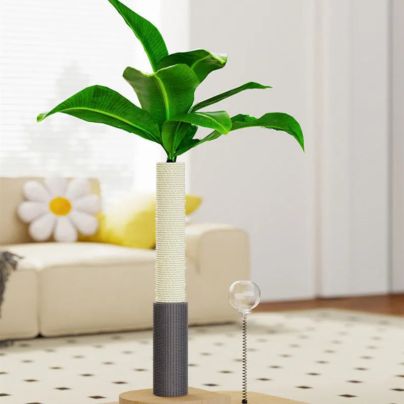 Tall wooden cat scratching post in Canna colour with a grab column and food drop ball attachment.