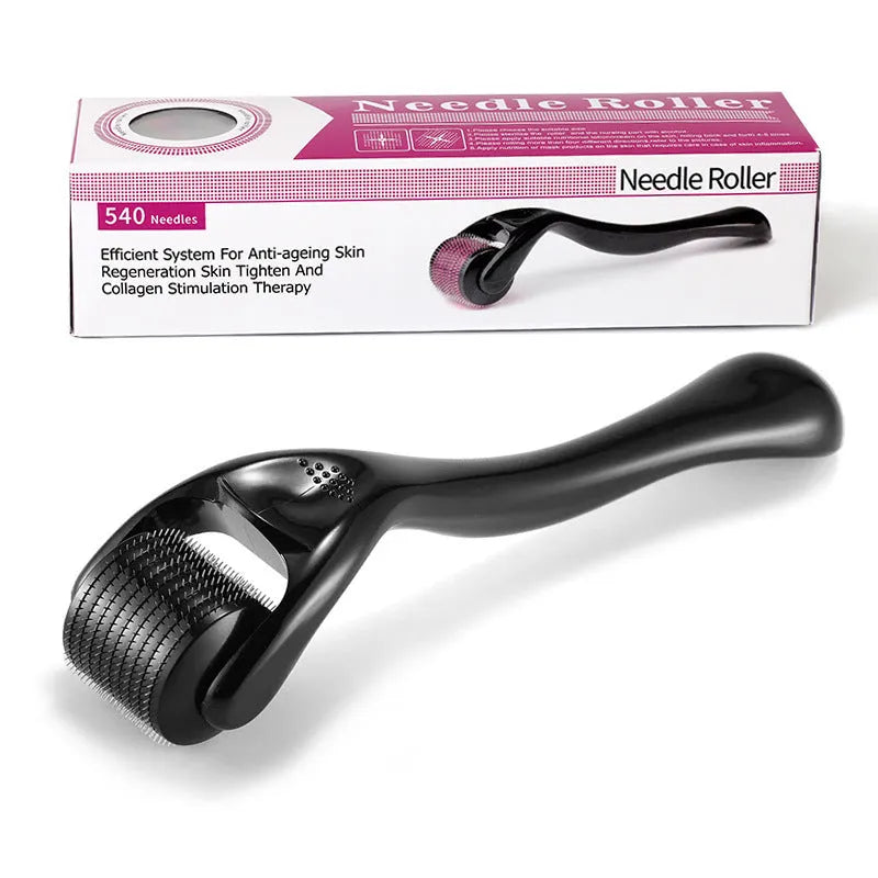 Black and purple derma rollers with titanium microneedles, showing needle size options from 0.2mm to 1mm.