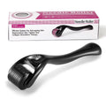 Black and purple derma rollers with titanium microneedles, showing needle size options from 0.2mm to 1mm.