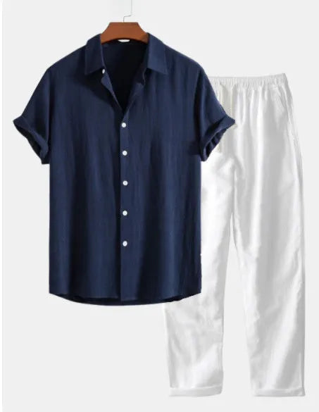 Casual cotton and linen beachwear suit with short sleeves and trousers in multiple colour options