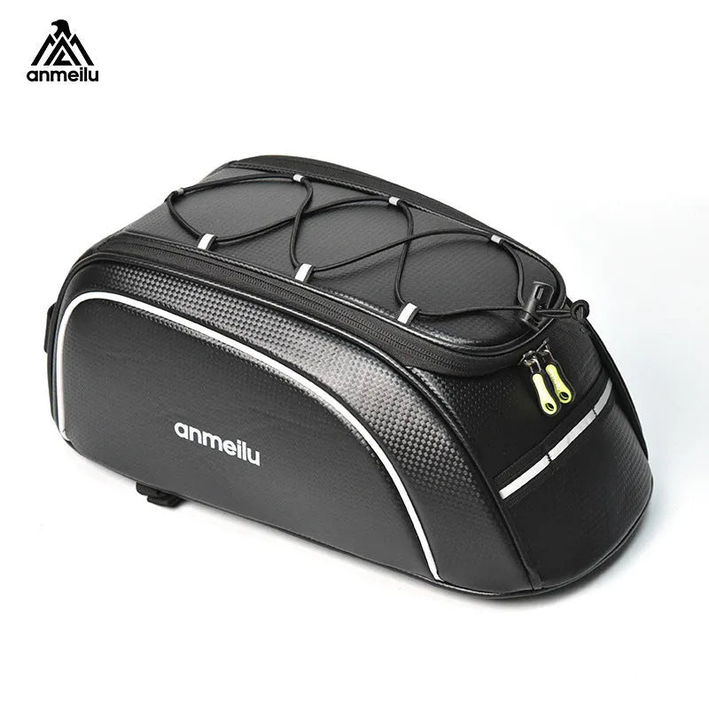 Black waterproof bicycle rear rack bag with 8L capacity mounted on bicycle