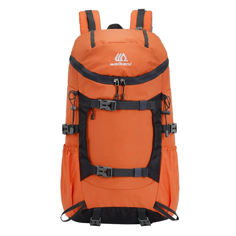 30L Oxford cloth backpack in army green with curved shoulder straps and front pocket, designed for hiking and camping outdoor sports