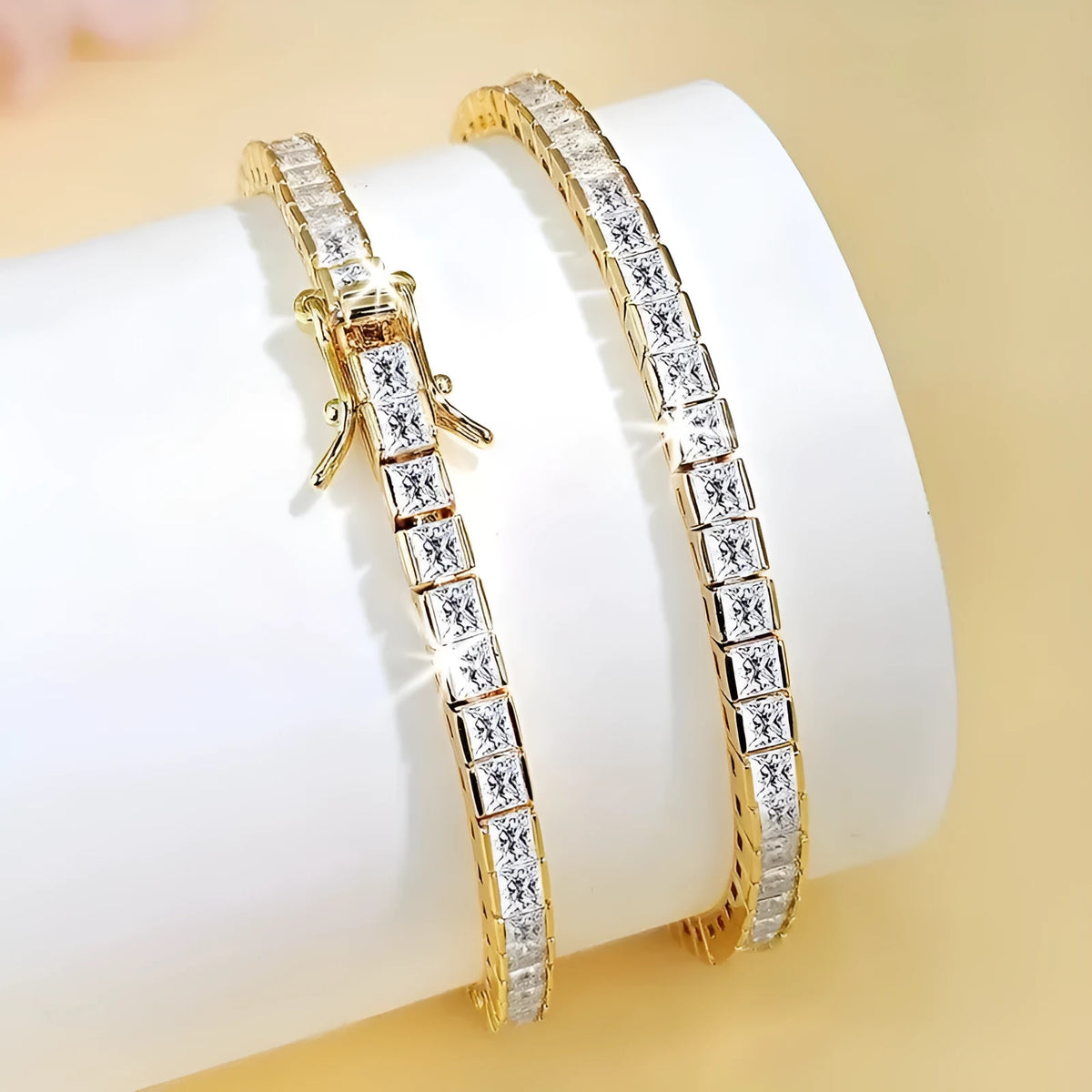 Square zircon tennis bracelet, 4mm wide copper bracelet in silver or gold, unisex hip hop geometric design