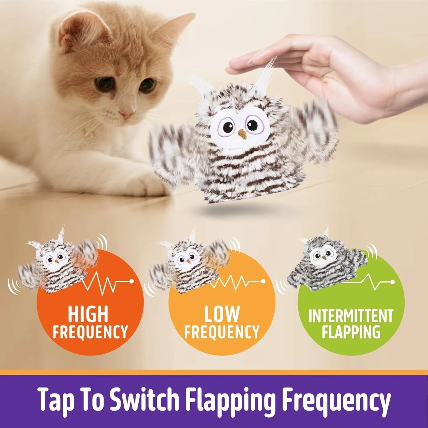Gray rechargeable automatic chirping owl cat toy with flapping wings