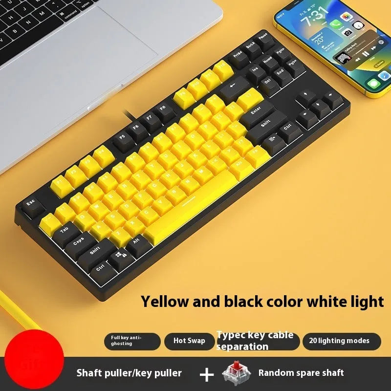 87-key wired mechanical gaming keyboard with hot-swappable switches in dual-colour keycap configuration
