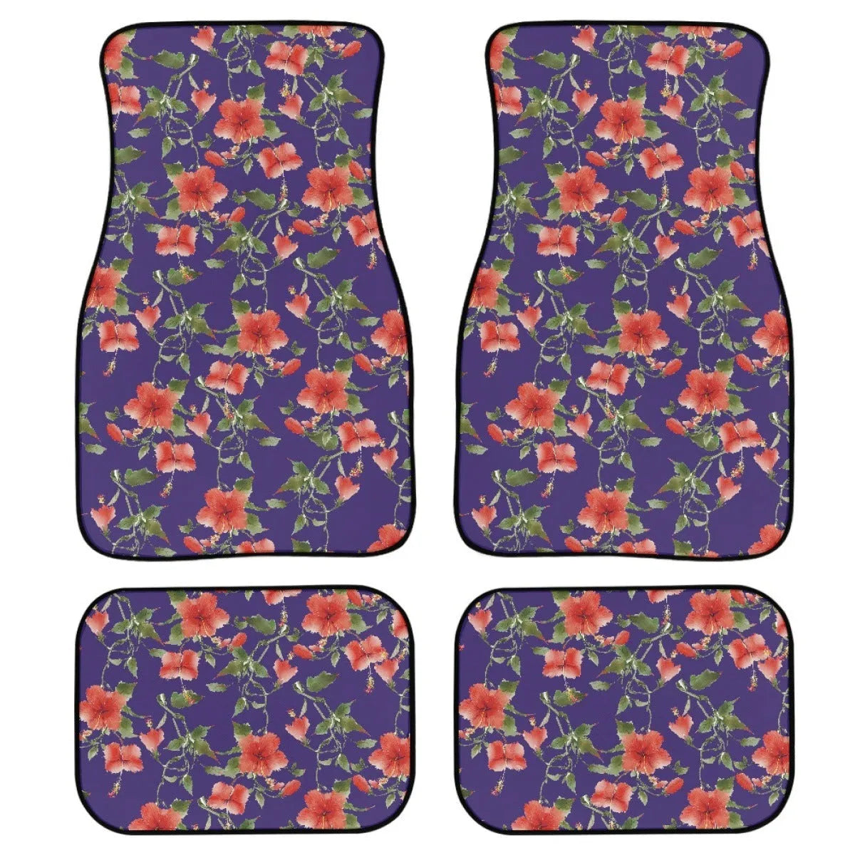 Black four-piece rubber car foot mat set with textured surface, shown on a car floor.