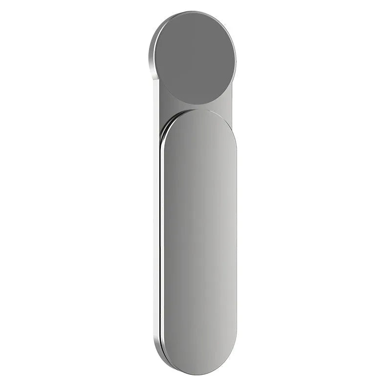 Silver aluminium alloy mobile phone bracket with magnetic attachment mounted next to computer screen