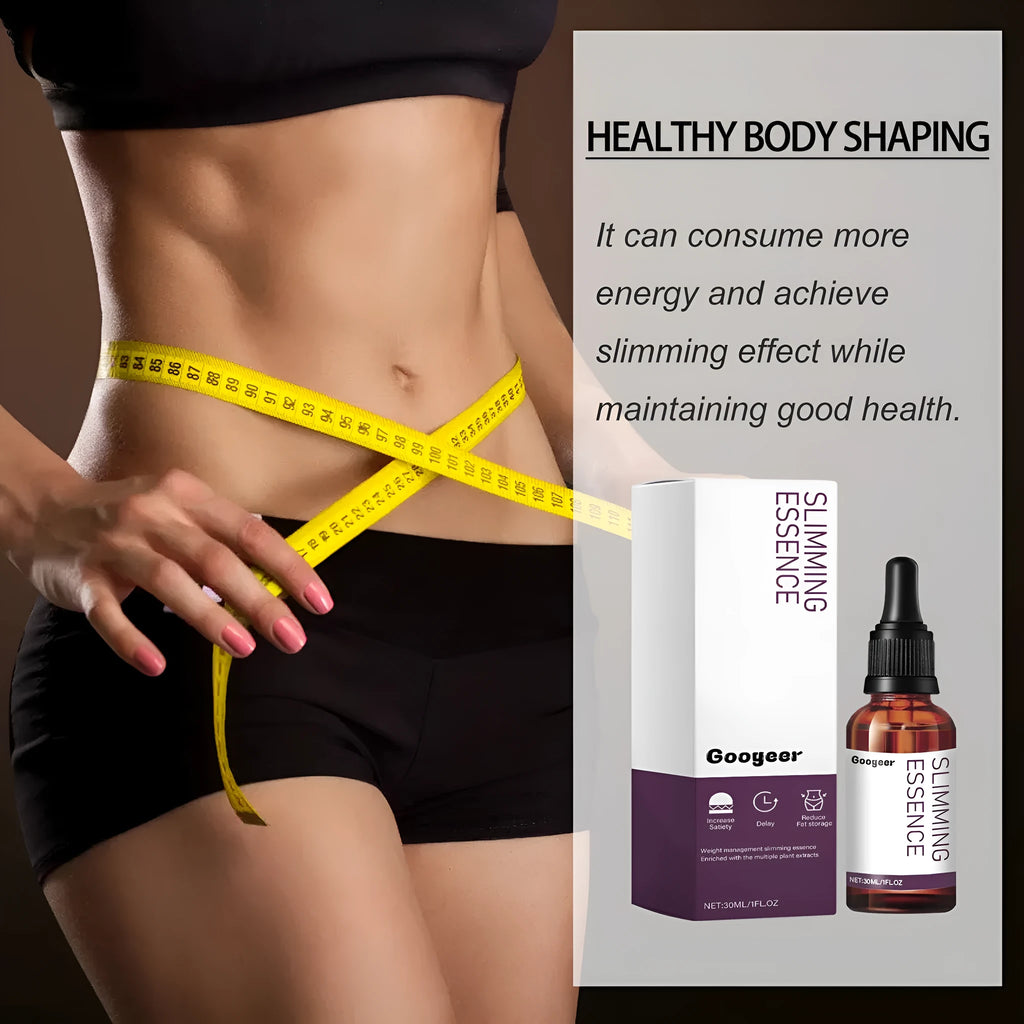 30ml bottle of body shaping slimming drops for thighs, arms, and belly.
