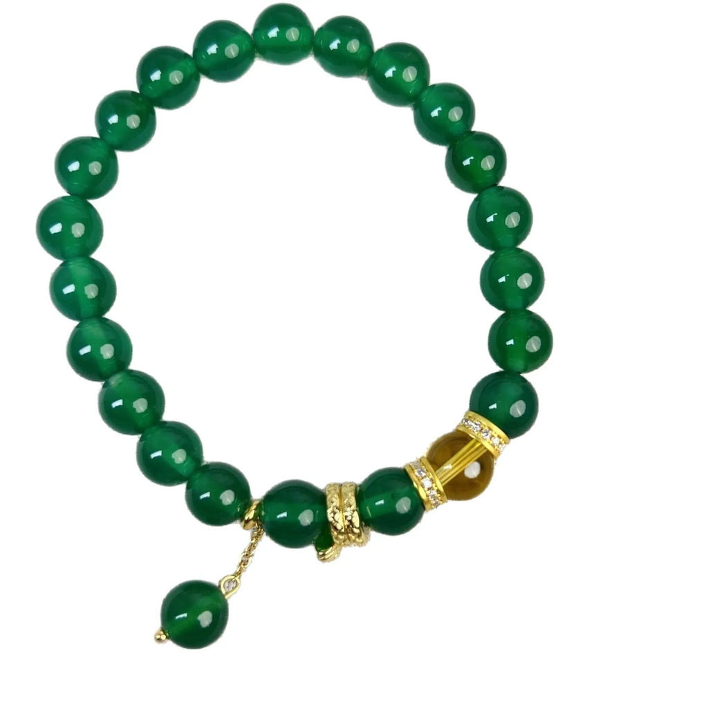 Handmade green chalcedony and red agate beaded bracelet with copper geometric design