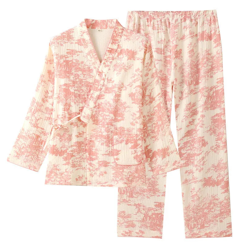 Women's cotton gauze two-piece suit with long sleeves and lace-up trousers in frosted pine trees colour