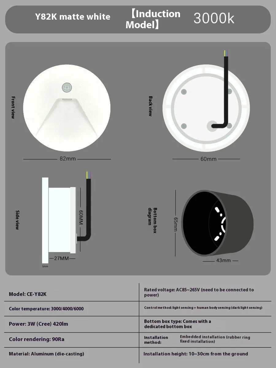 3W LED step light for indoor outdoor use, aluminium IP65 waterproof, 82mm diameter, available in black grey or white