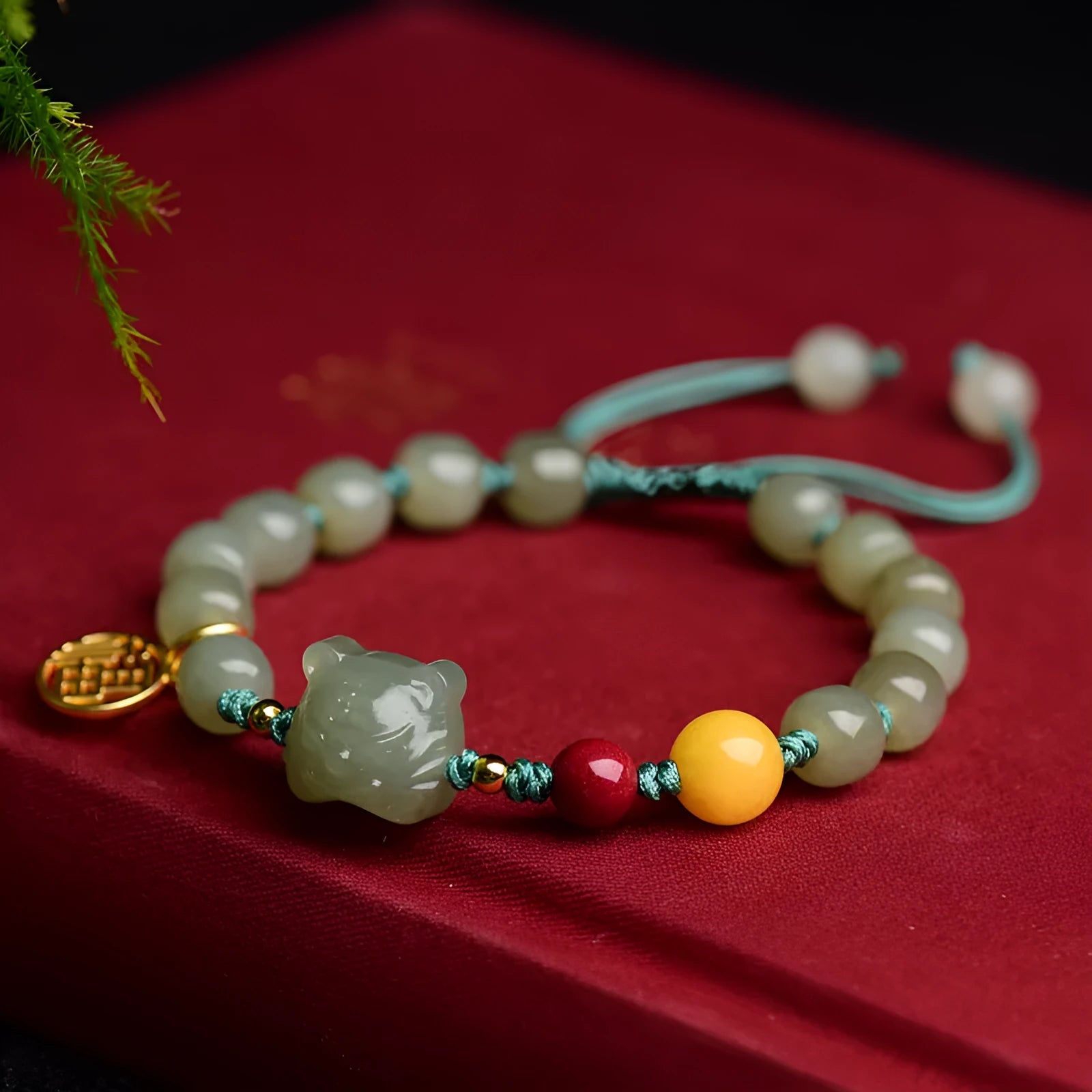 Natural Hetian Jade bracelet with cinnabar beads and zodiac animal sequins