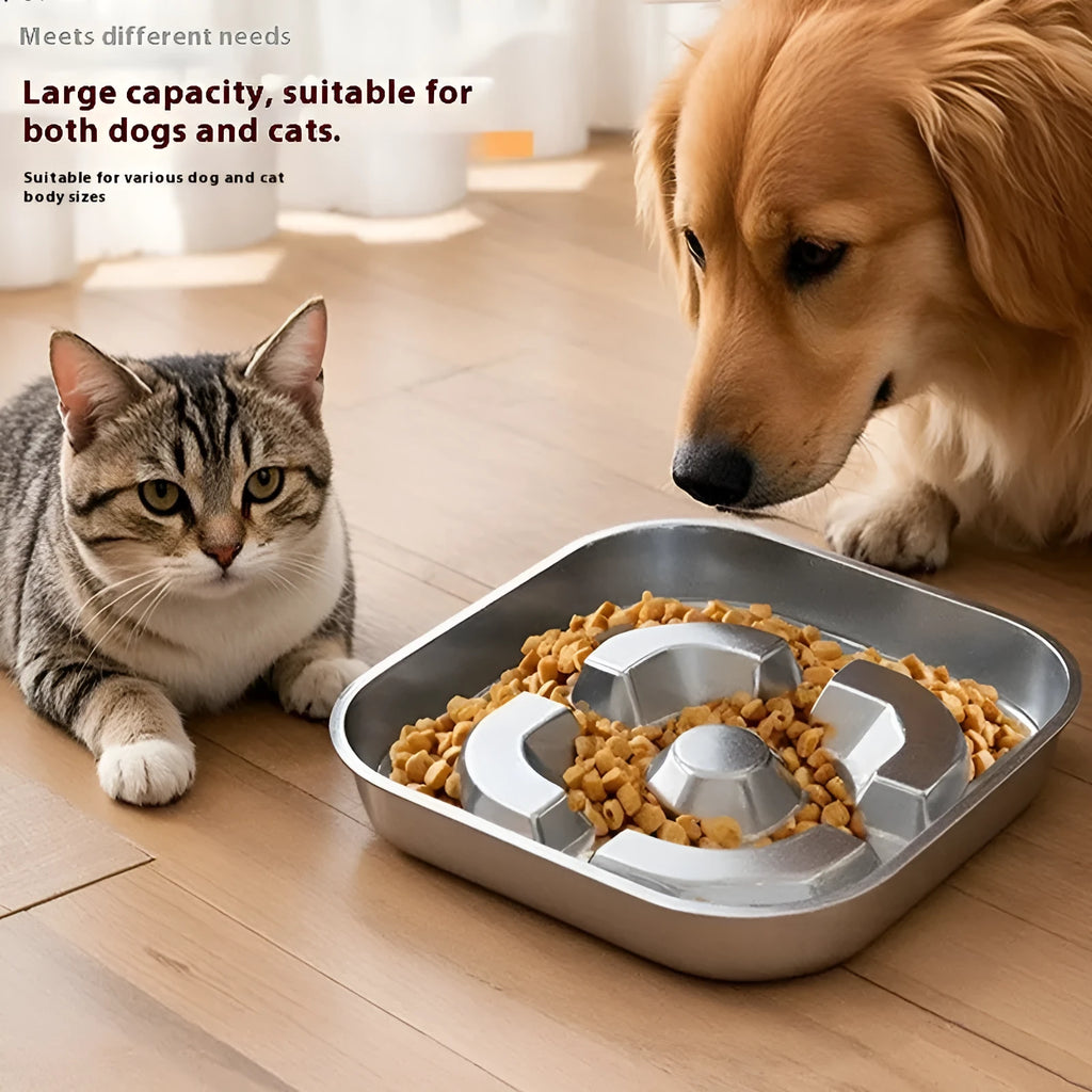 Square stainless steel pet slow feeding bowl for dogs and cats, available in bone square and square model shapes
