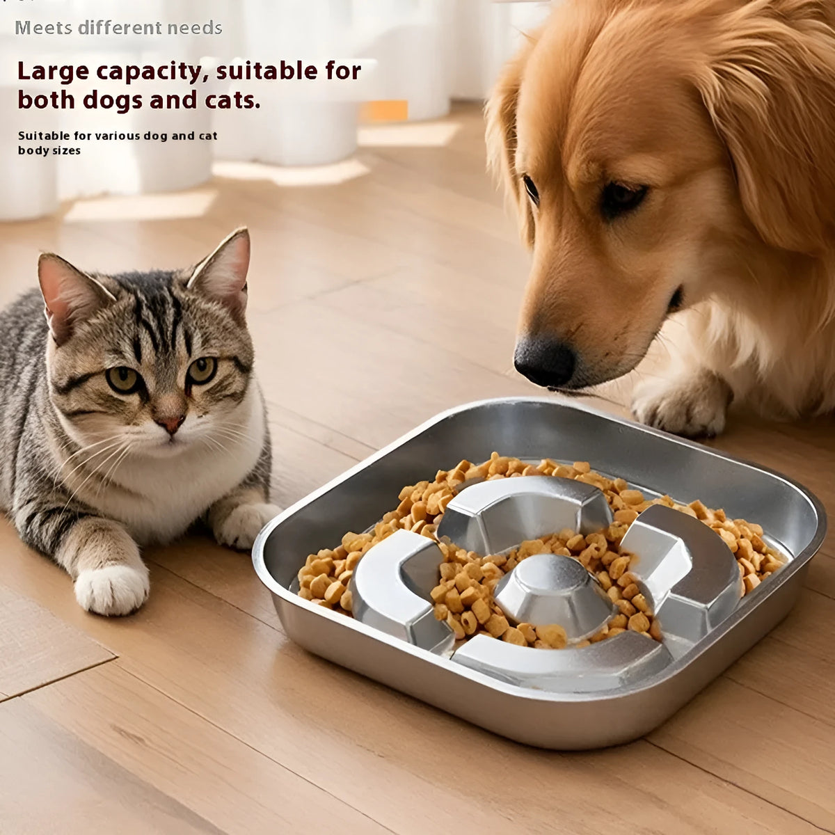 Square stainless steel pet slow feeding bowl for dogs and cats, available in bone square and square model shapes