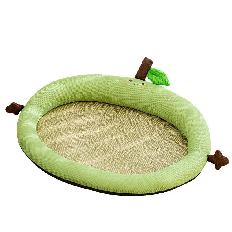 Green pet cooling mat with raised backrest nest for a dog or cat.