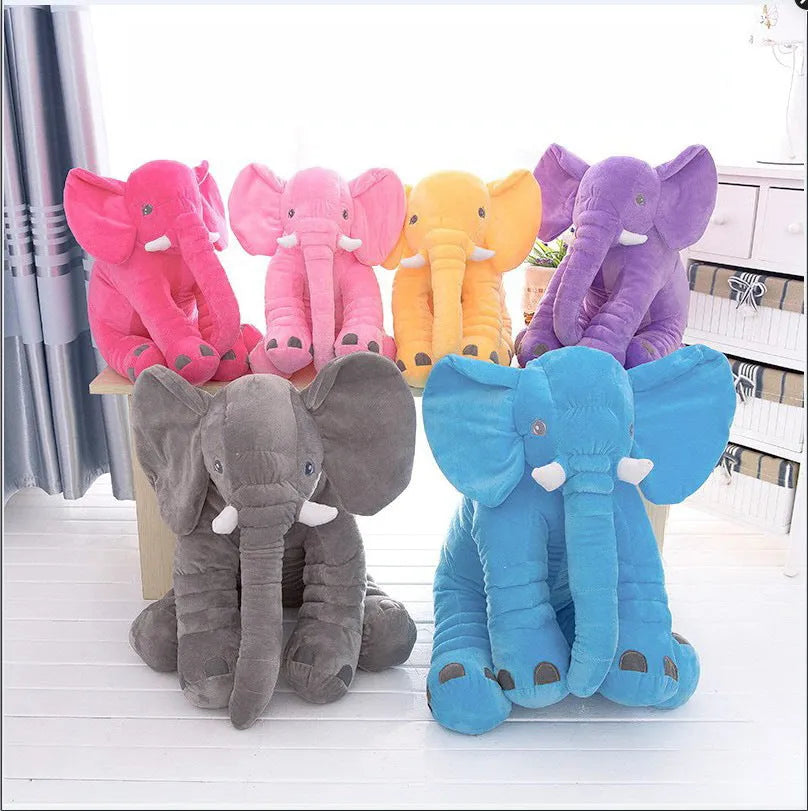 Soft grey elephant plush pillow shell for a child's bed, showing short plush texture.