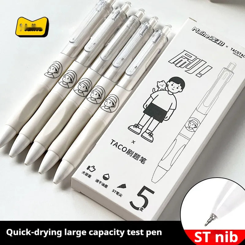 Five neutral black Taco Series student ballpoint pens with 0.5mm tips and quick-drying ink