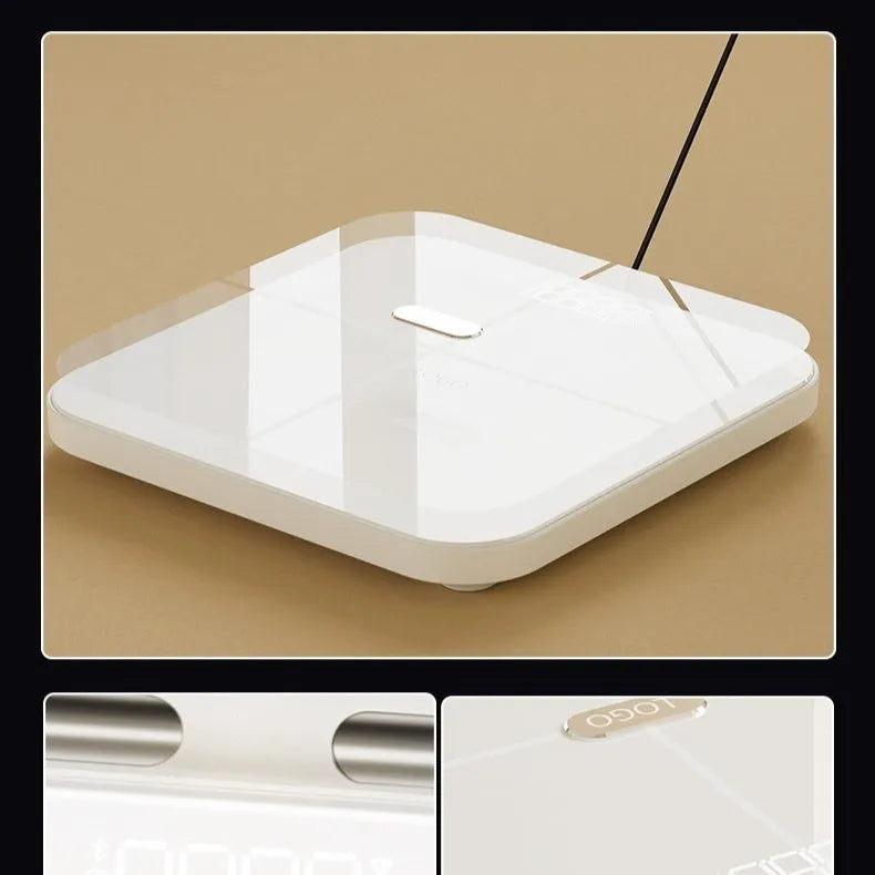 White smart body fat scale with 8 electrodes and a large LED display on a tempered glass platform.