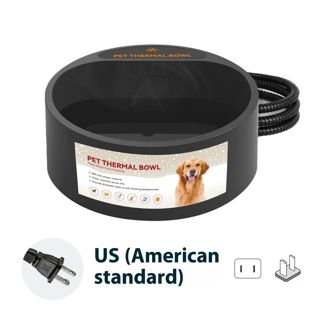 Black ABS plastic pet heating bowl with constant temperature function for cats and dogs.