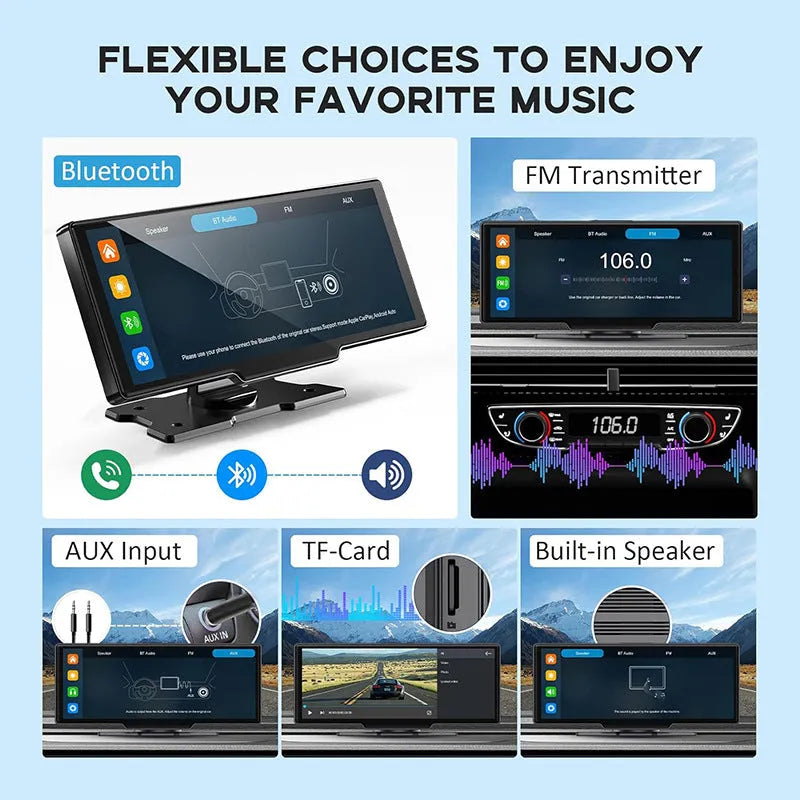 Black 10.26-inch car navigation device with suction mount showing split screen display of map and camera footage