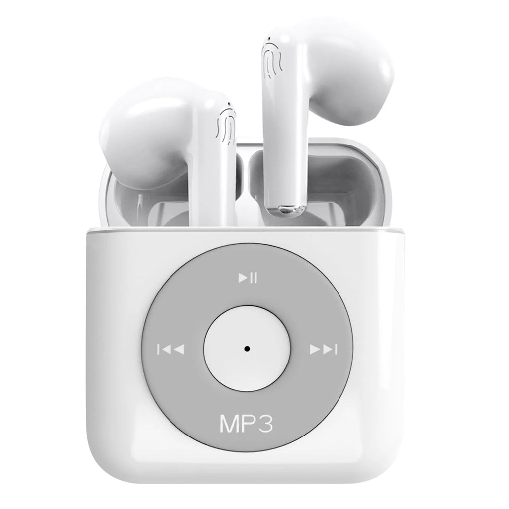 White wireless Bluetooth semi-in-ear earphones with a charging case on a plain background.