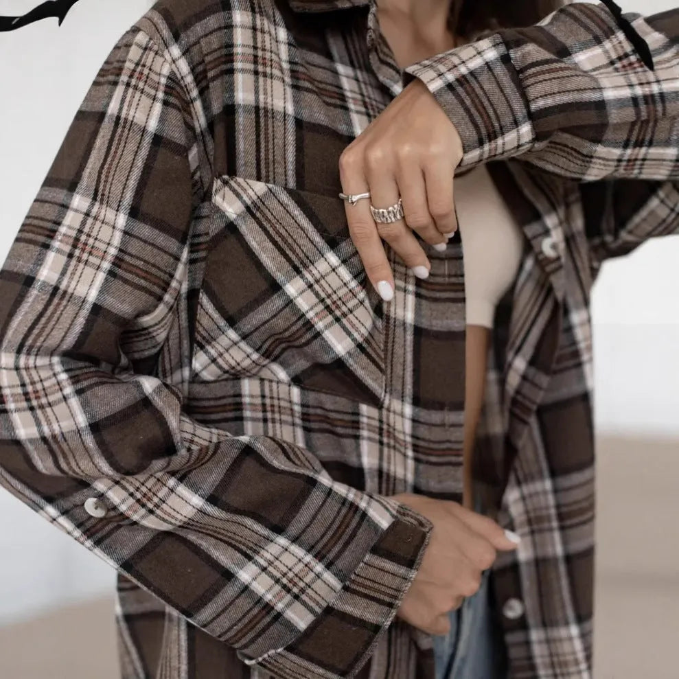 Dark brown striped women's shirt with retro styling and long sleeves