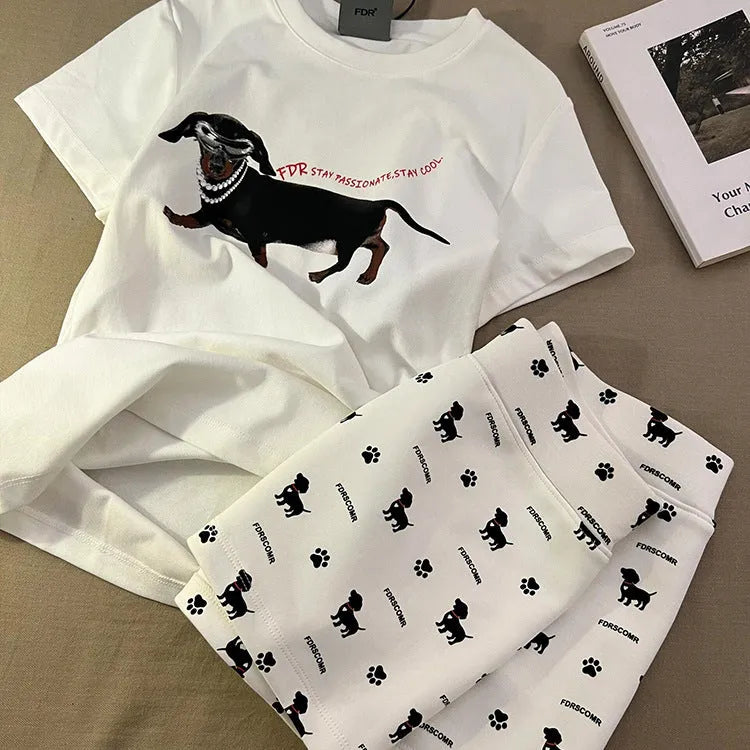 Sausage dog print short sleeve pajama set includes top and shorts in graphic-coloured suit