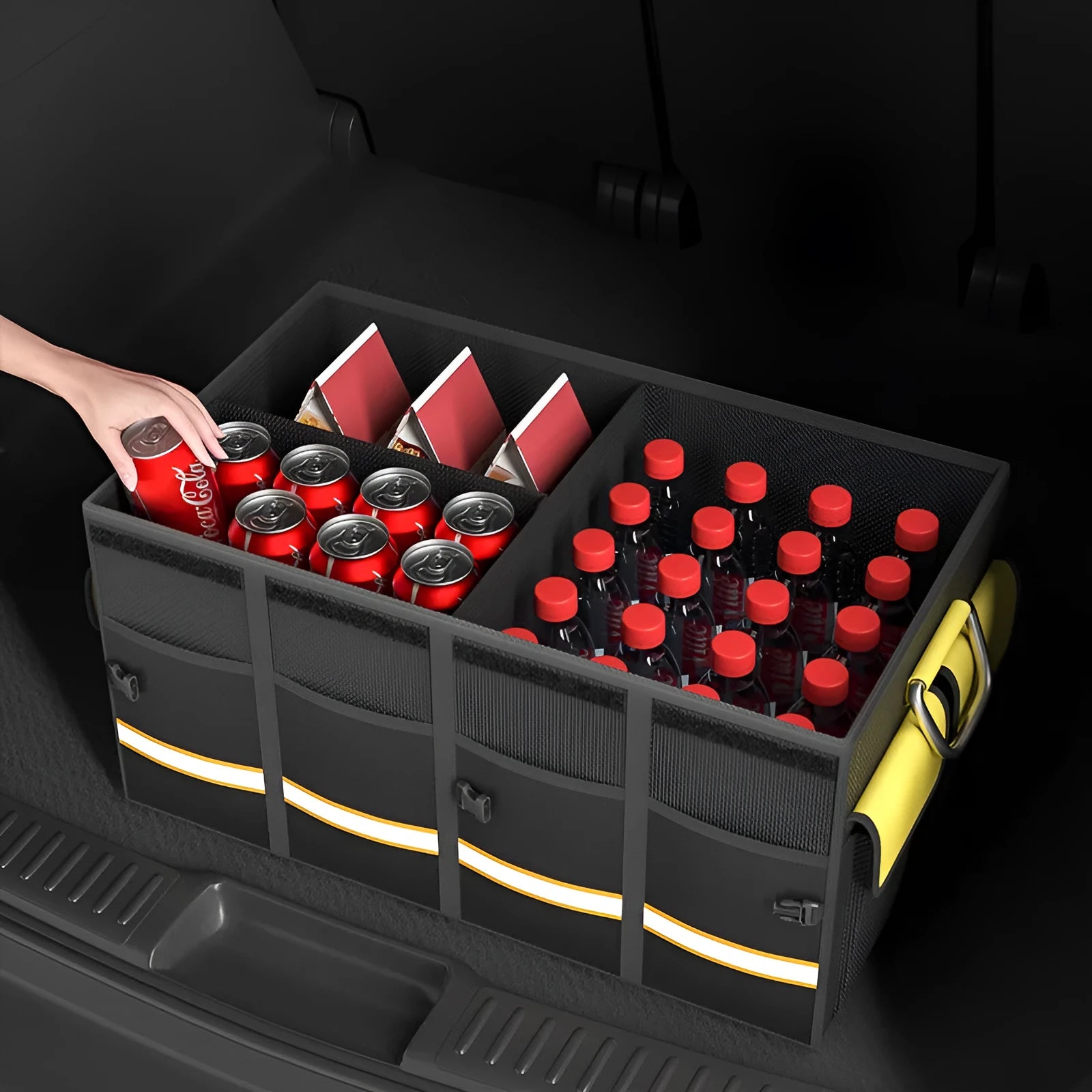 Black and yellow foldable car boot storage organiser bag with carry handle in three size options