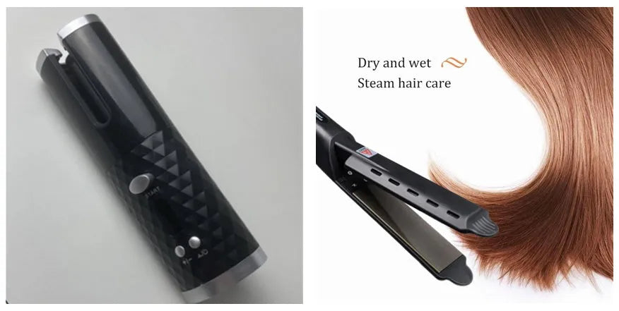 Portable white mini curling iron with USB charging cable and gold ceramic barrel.