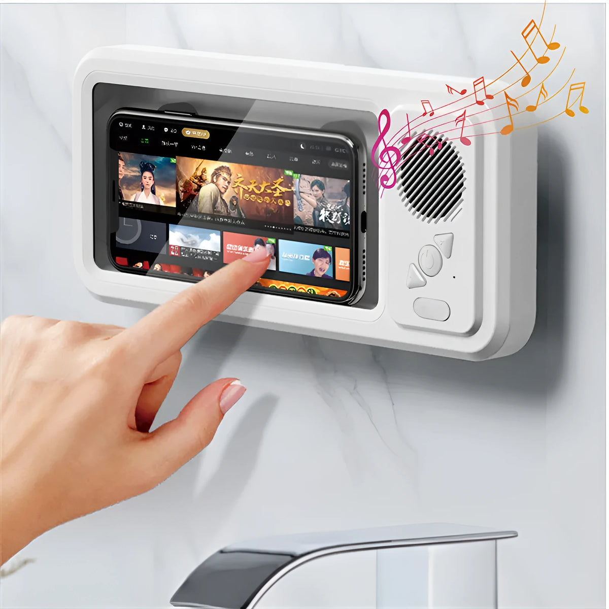 White bathroom waterproof mobile phone box bracket with charging cable and mechanical operation mode