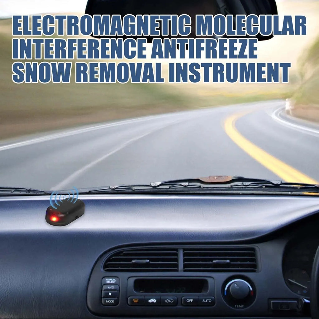 Black compact car windscreen de-icer tool with glass element for melting ice and snow.