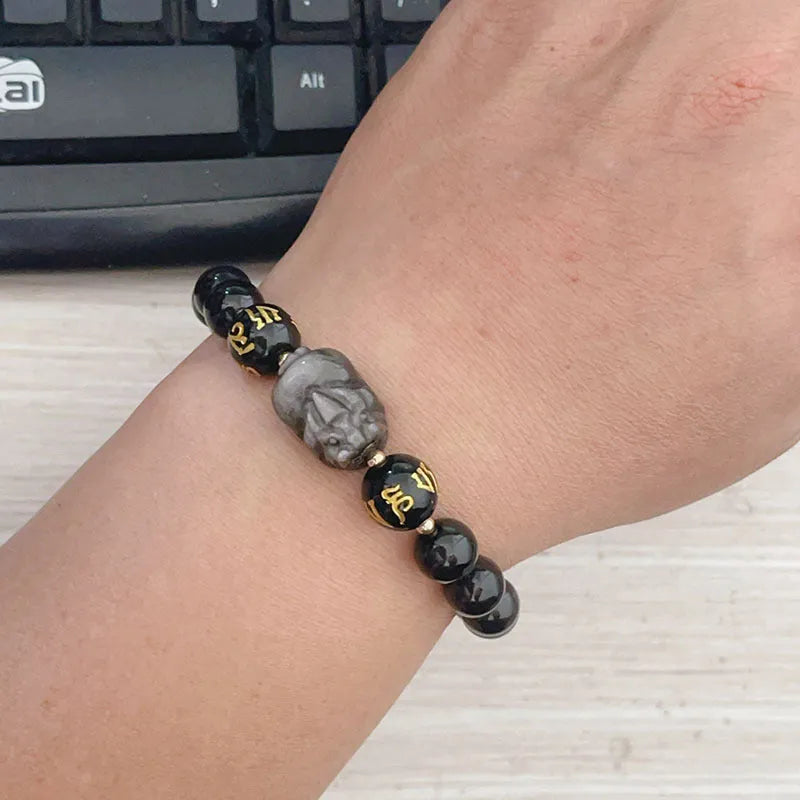 Men's silver stone bracelet with Chinese zodiac design and natural stone beads