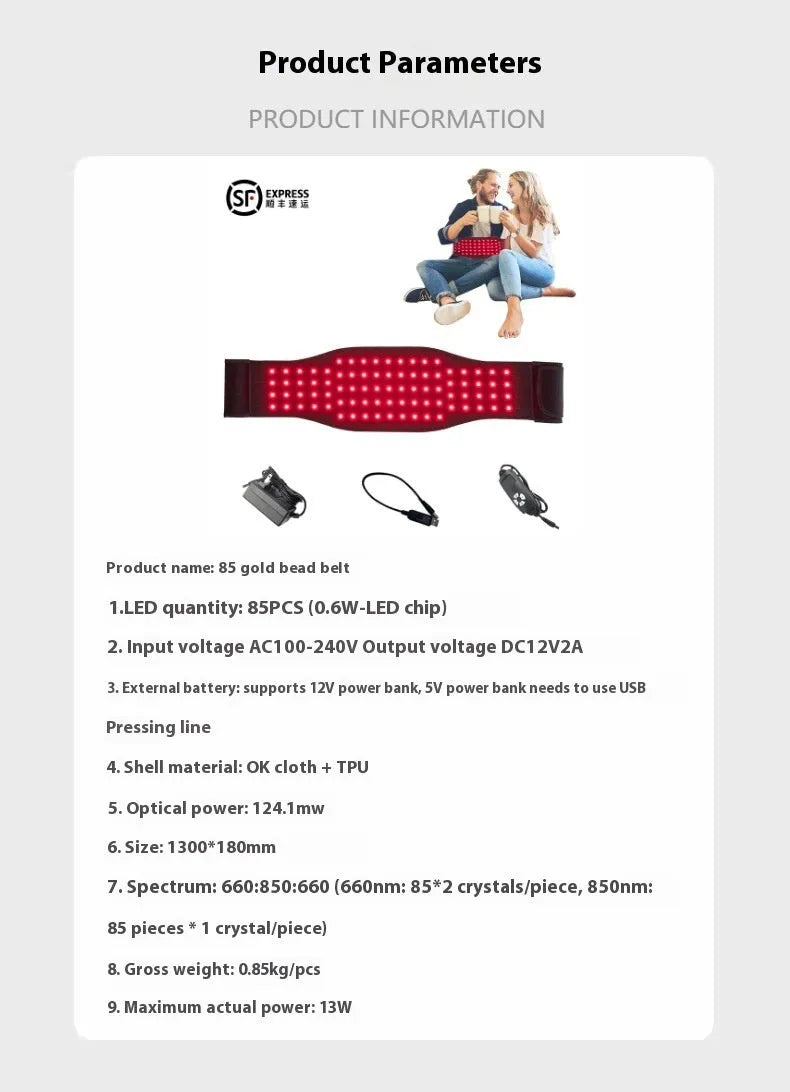 Black infrared physical therapy belt with red light for waist pain relief and heat therapy