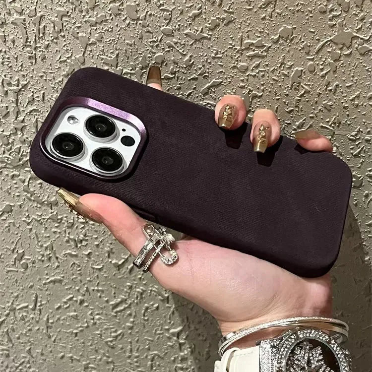 Magnetic velvet iPhone case in silver grey colour with shockproof hard case design