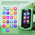 Blue and green silicone-case educational handheld camera for children with touchscreen gaming and photography functions