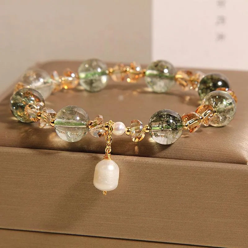 Women's natural chorite crystal bracelet with green phantom quartz beads in Japanese Korean minimalist style