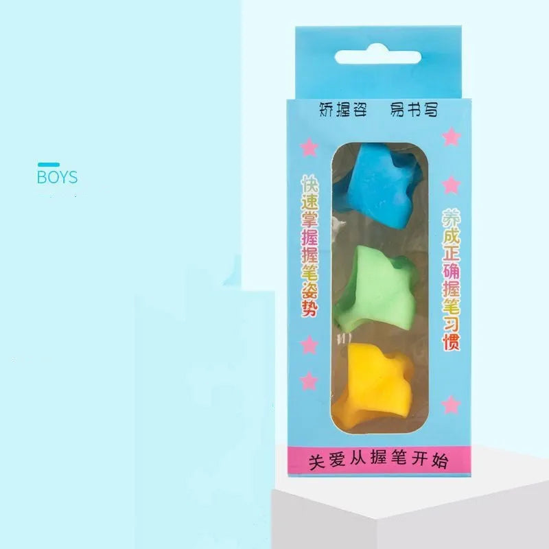 Children's orthosis pen holder for writing grip with writing corrector, shown in various colours and styles.