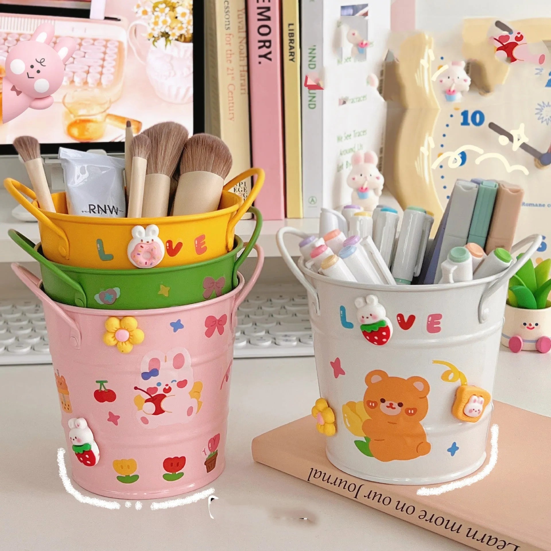 Round metal desk pen holder with iron art design in various colour options including pink, green, red, white and yellow