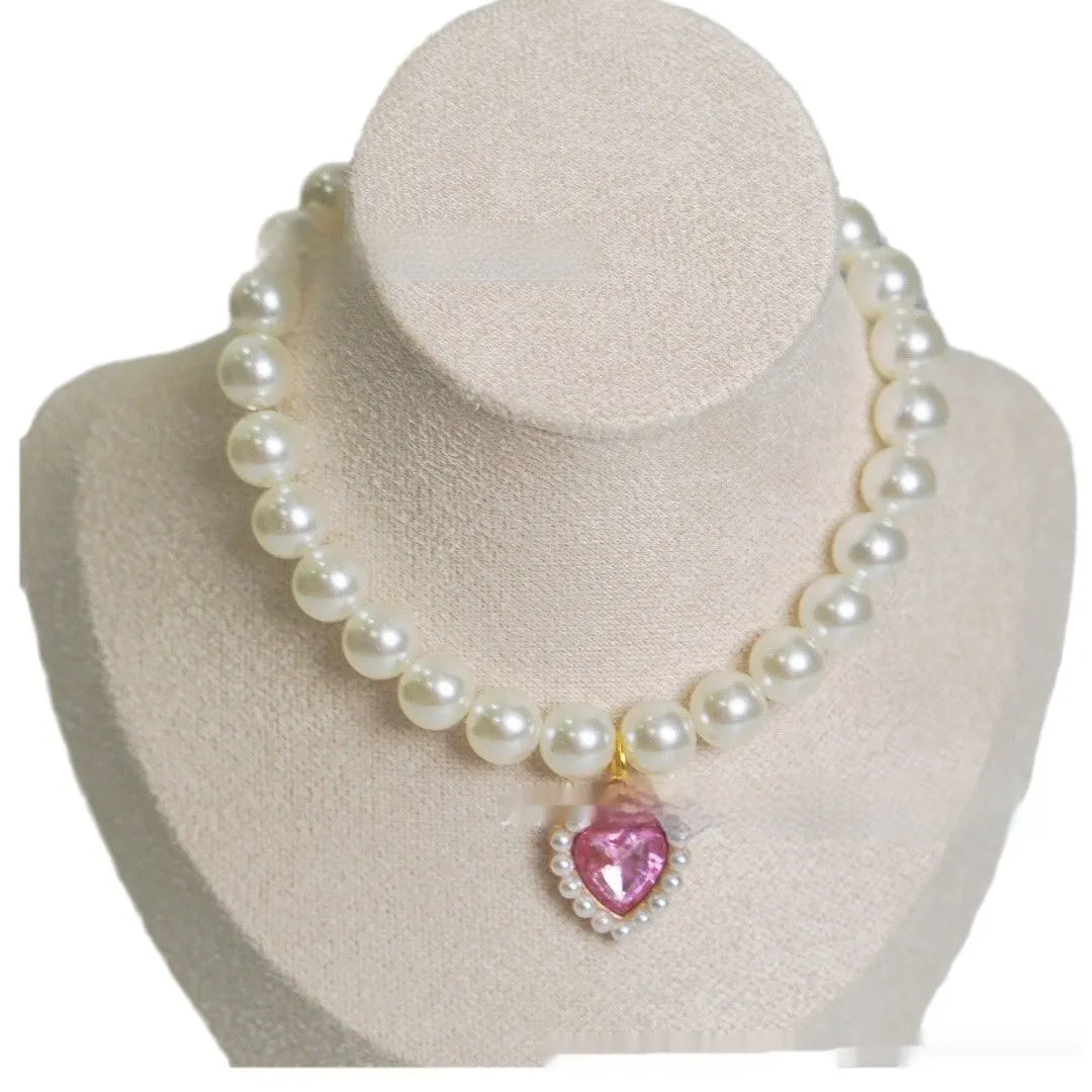 Plastic alloy resin pearl necklace cat collar with love gem charm in multiple colours