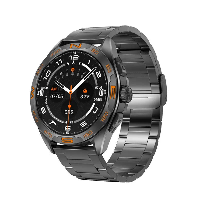 Black steel smart watch with IPS screen displaying health stats and WhatsApp notifications.
