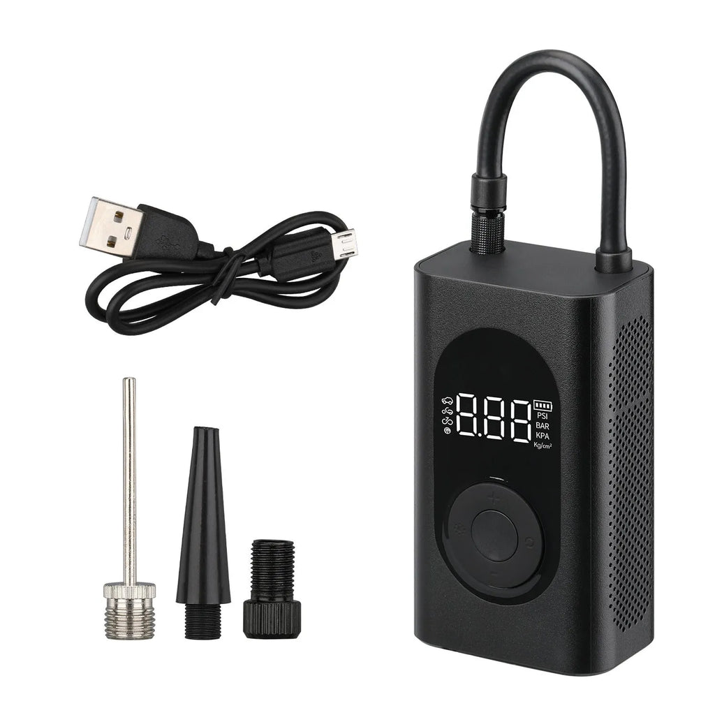 Handheld wireless tyre pump with digital display, air hose, USB cable, and LED flashlight.