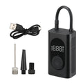 Handheld wireless tyre pump with digital display, air hose, USB cable, and LED flashlight.
