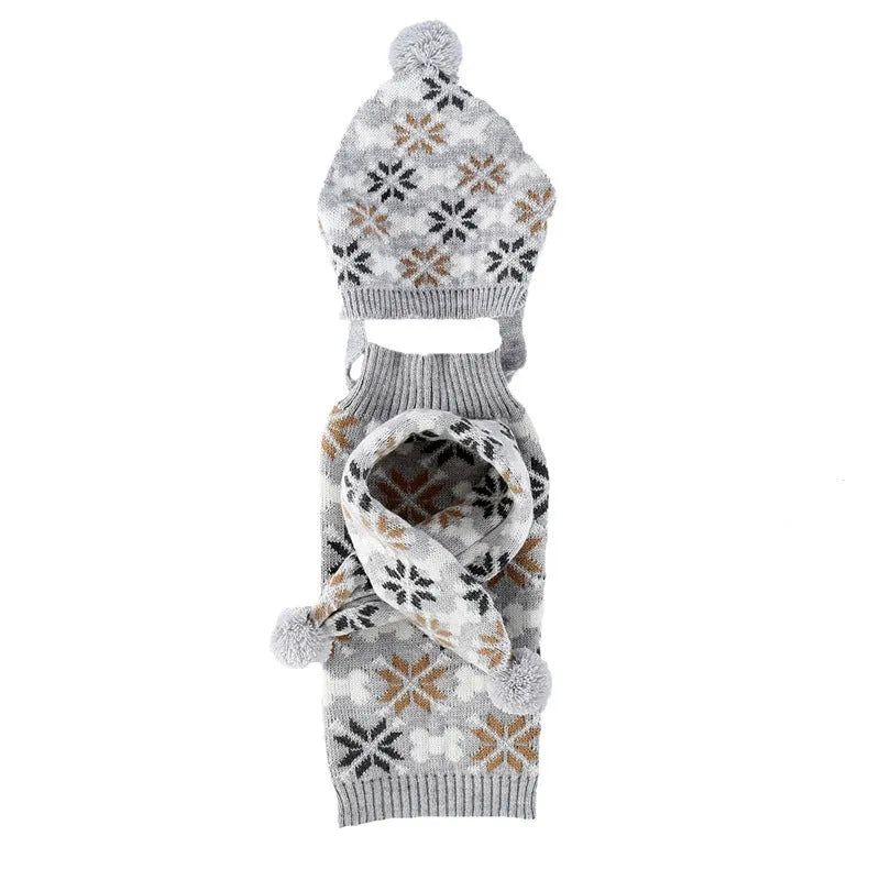 Japanese-style grey jacquard pet sweater with matching hat and scarf set on dog model