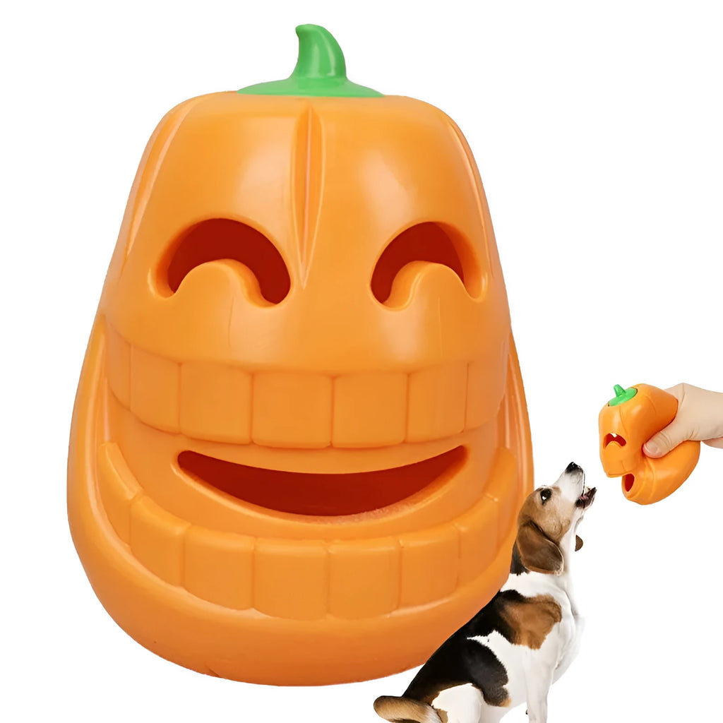Yellow pumpkin-shaped TPR dog chew toy for aggressive chewers