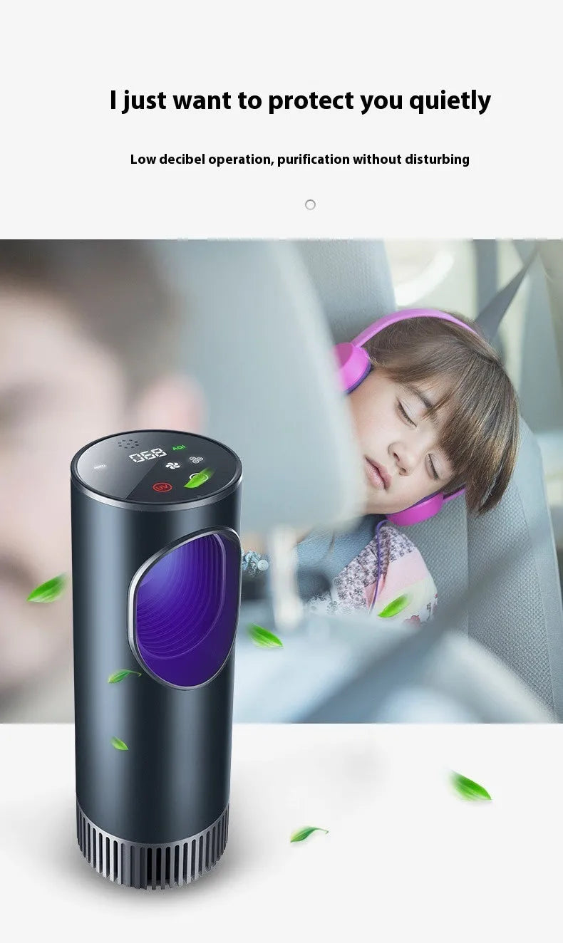 Black rectangular car air purifier with a USB cable, dimensions 68 by 187mm.