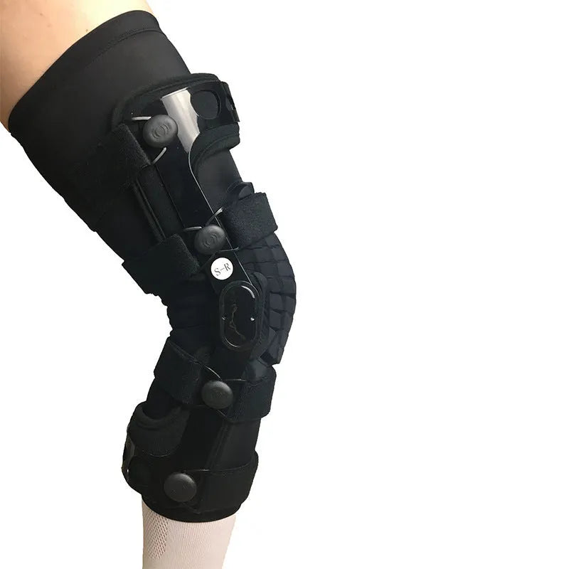 Black anterior ligament knee pad with reinforced straps shown in various size options
