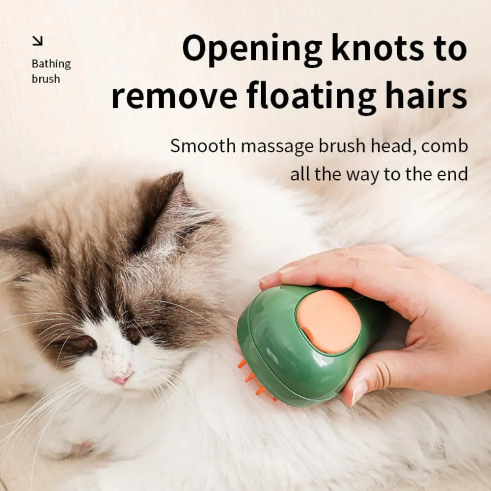 Green and white 3-in-1 cat steam brush with silicone bristles and water spray nozzle.