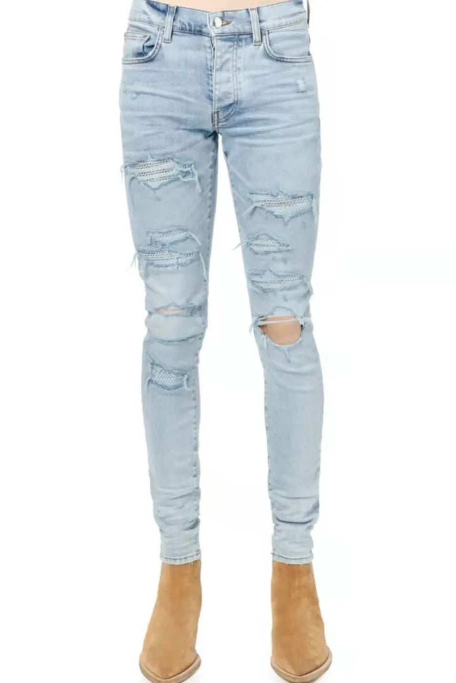 Light blue slim fit stretch jeans for men with hot diamond patch and cat-whisker details