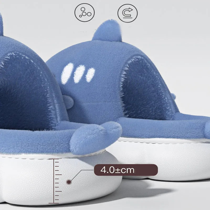 Shark slippers with suede upper embroidery design anti-skid sole winter house shoes grey